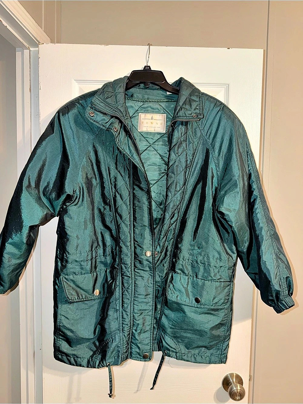 VTG 80s Towne London Fog Iridescent Teal Quilted Coat L